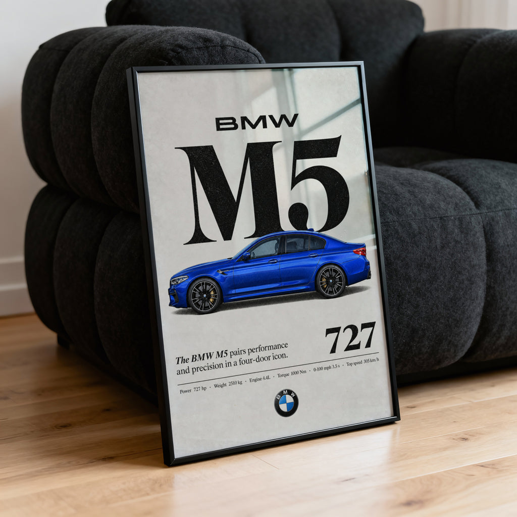 Vintage BMW M5 Print, Blue Sedan Car Wall Art