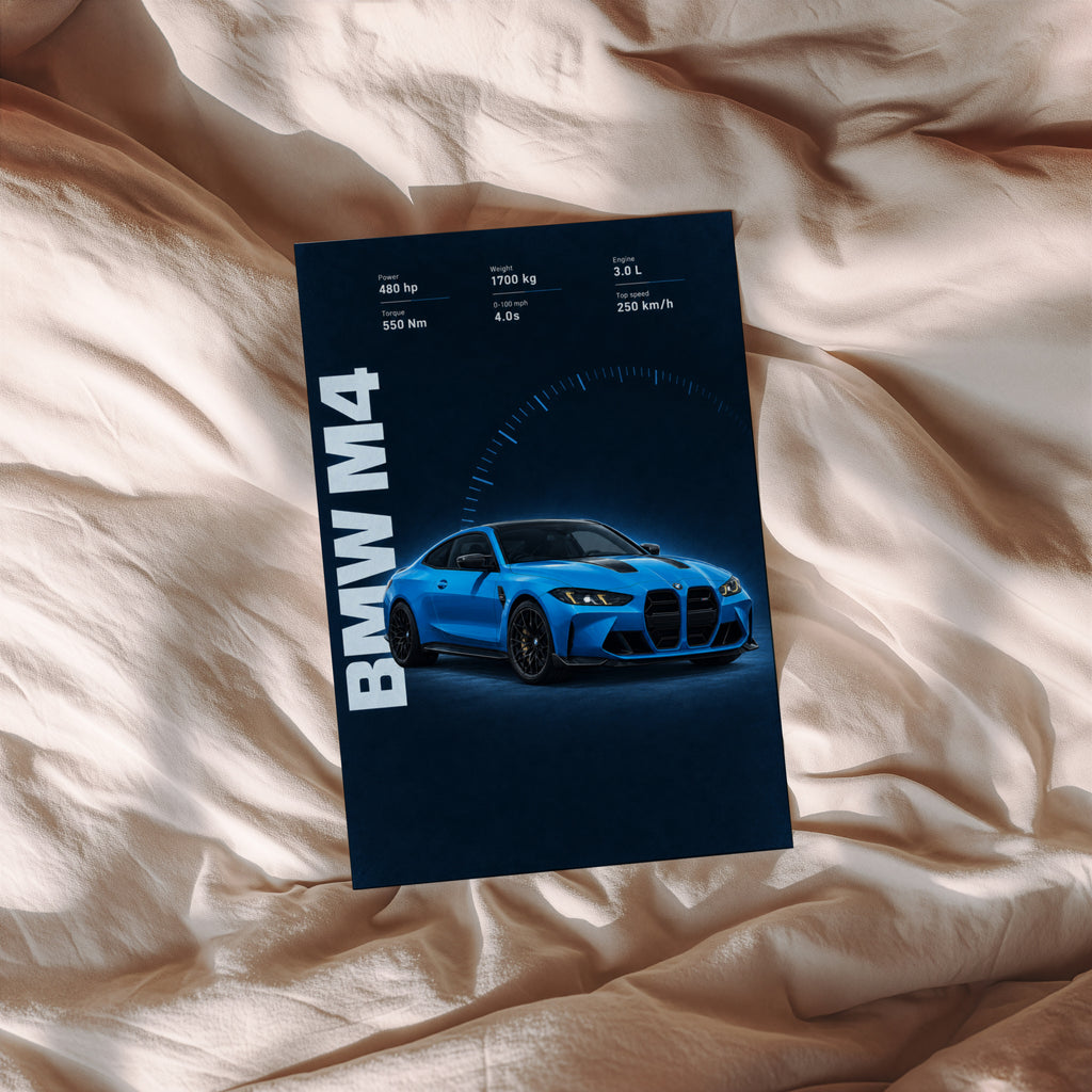 Vintage BMW M4 Car Print, Blue Coupe Wall Art