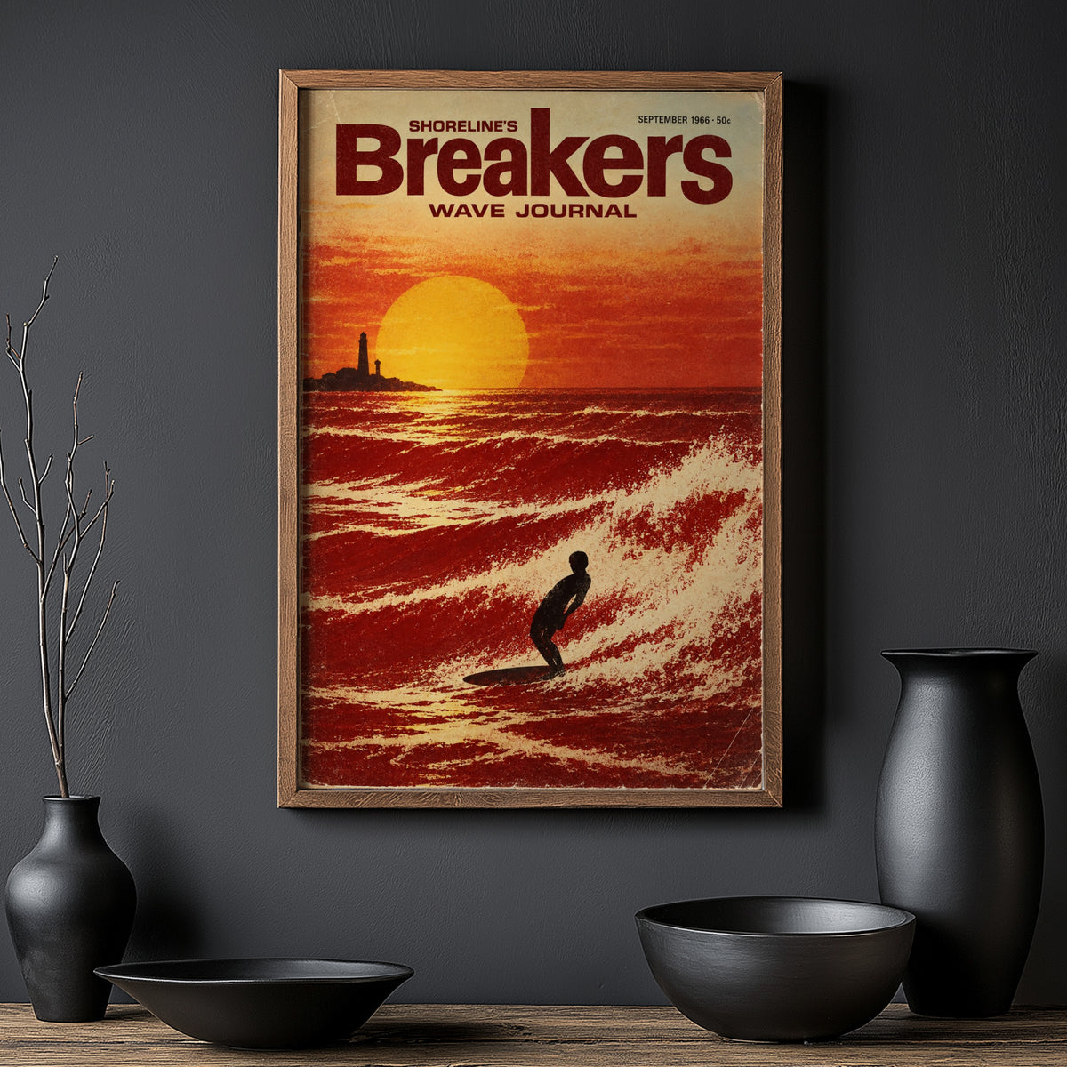 Vintage Breakers Surf Poster, Retro Sunset Wave Print