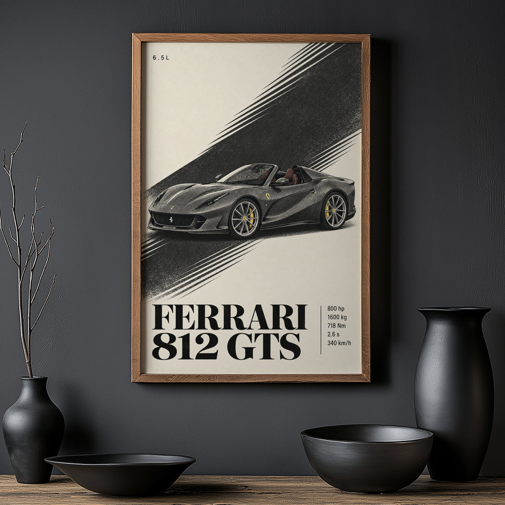 Vintage Ferrari 812 GTS Print, Supercar Wall Art