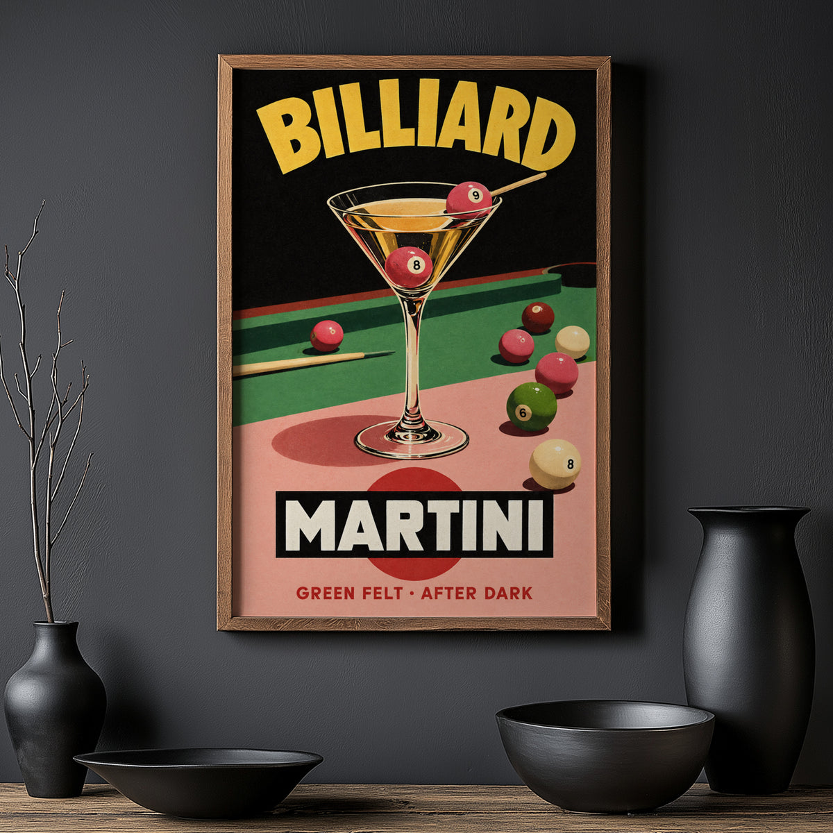 Vintage Billiard Martini Print Poster, Cocktail Bar Art