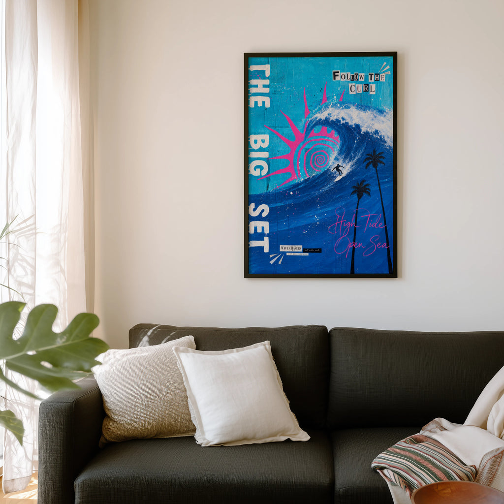 Vintage Surf Print Poster, Big Wave Wall Art, Palm Trees