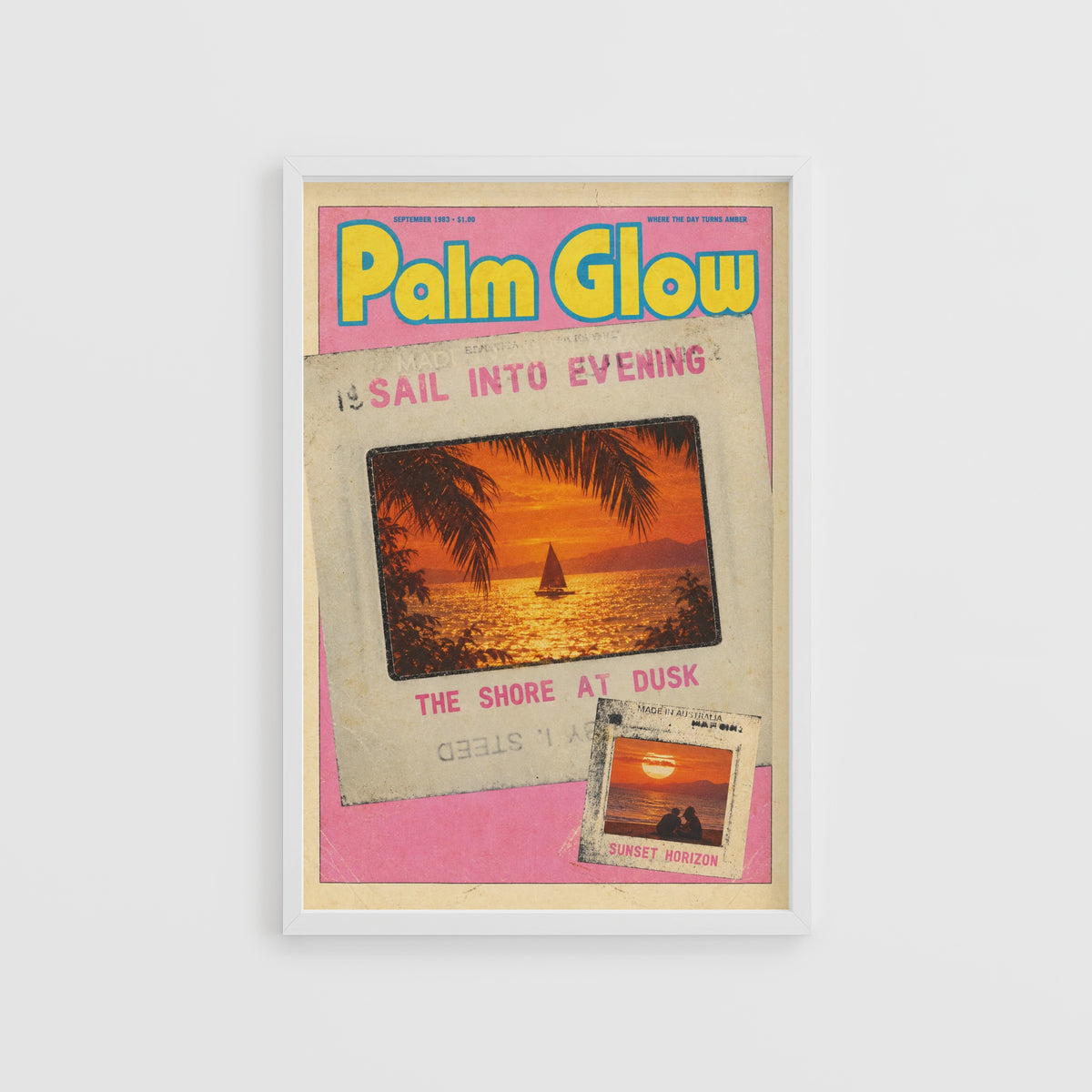Vintage Palm Glow Print and Poster, Sunset Sailboat Art
