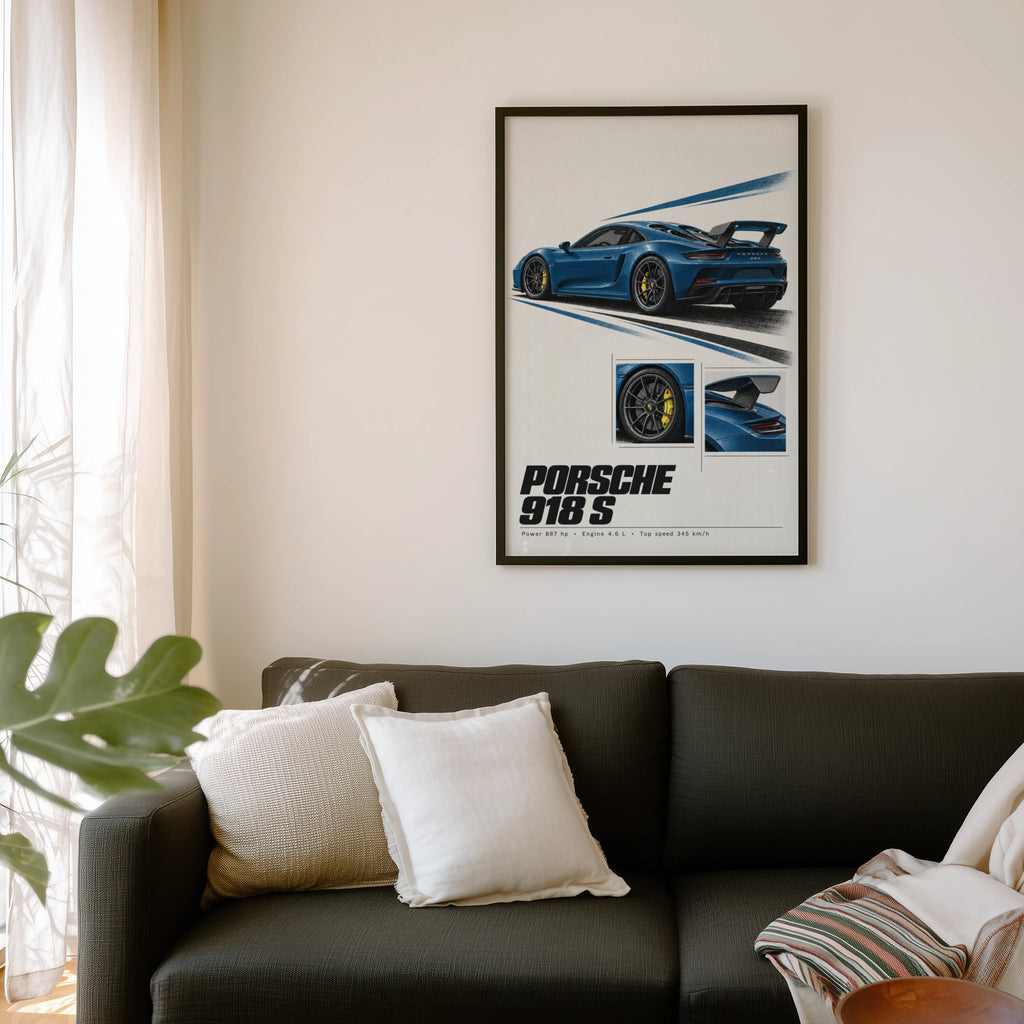 Vintage Porsche 918 S Print, Car Poster, Garage Wall Art