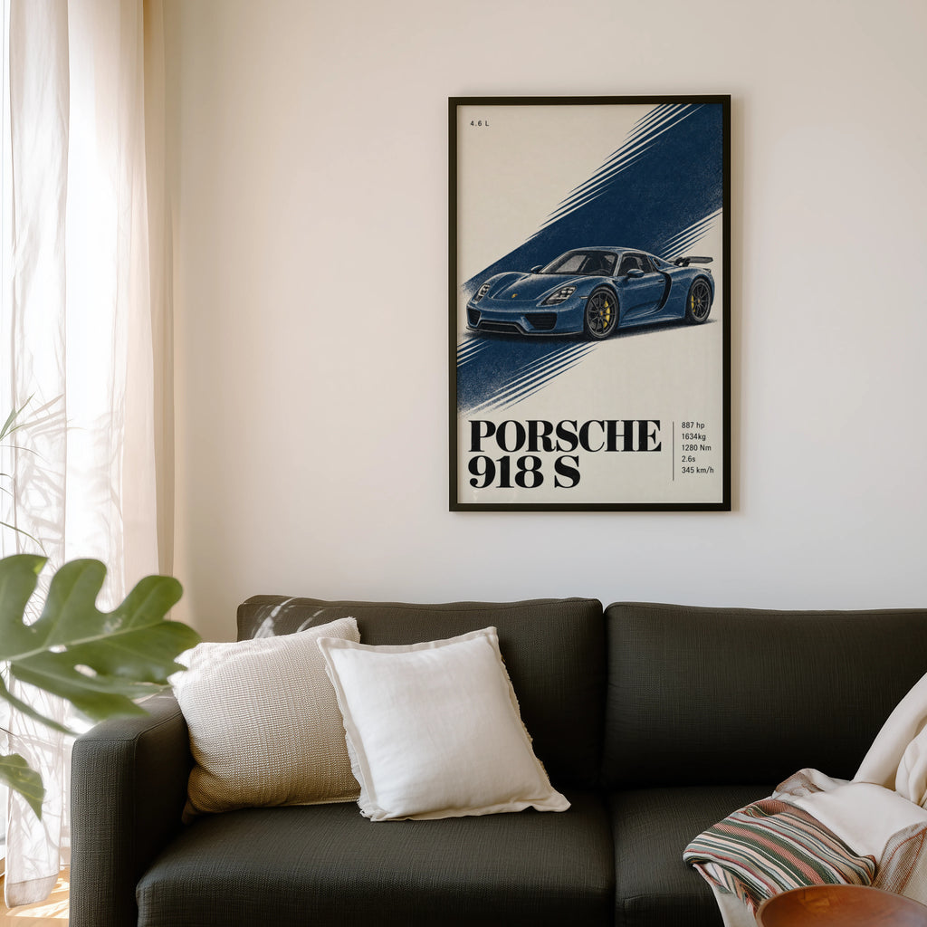 Vintage Porsche 918 S Print, Blue Car Wall Art