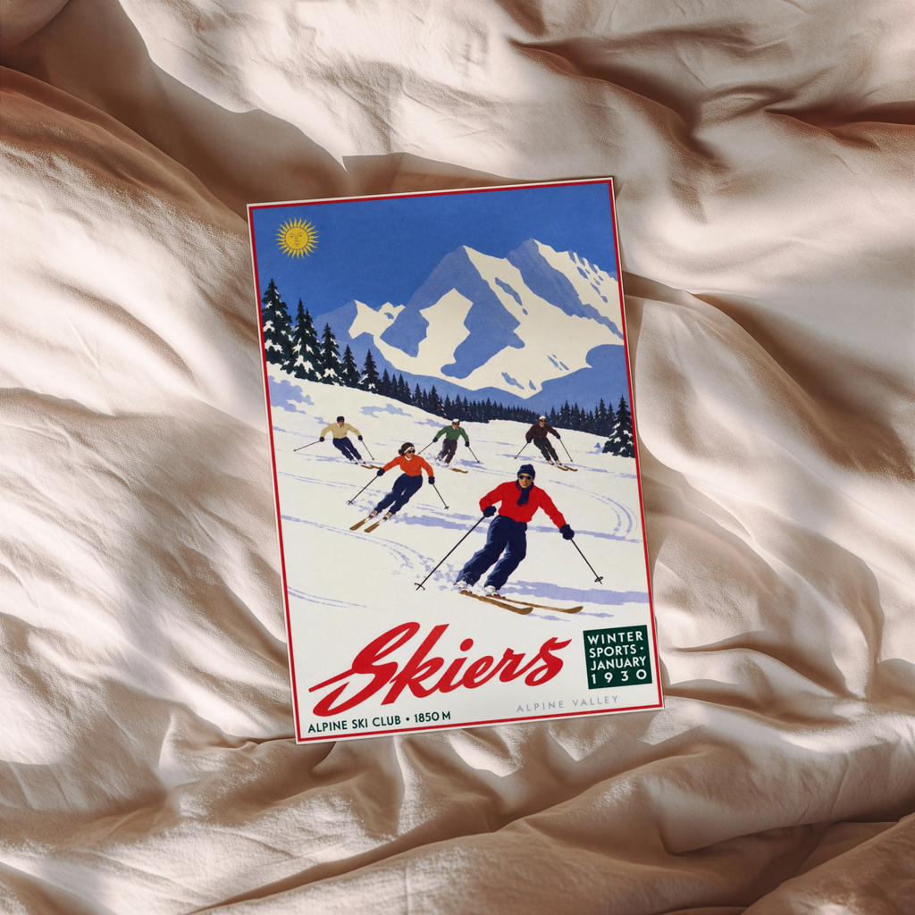 Vintage 1930 Alpine Ski Club Skiers Print, Winter Poster