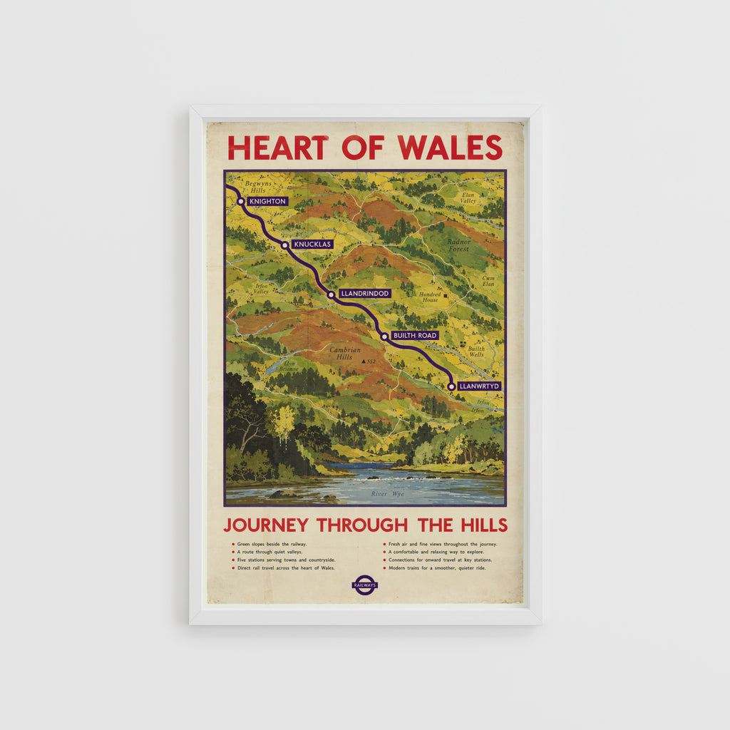 Vintage Heart of Wales Railway Print Poster, Welsh Hills