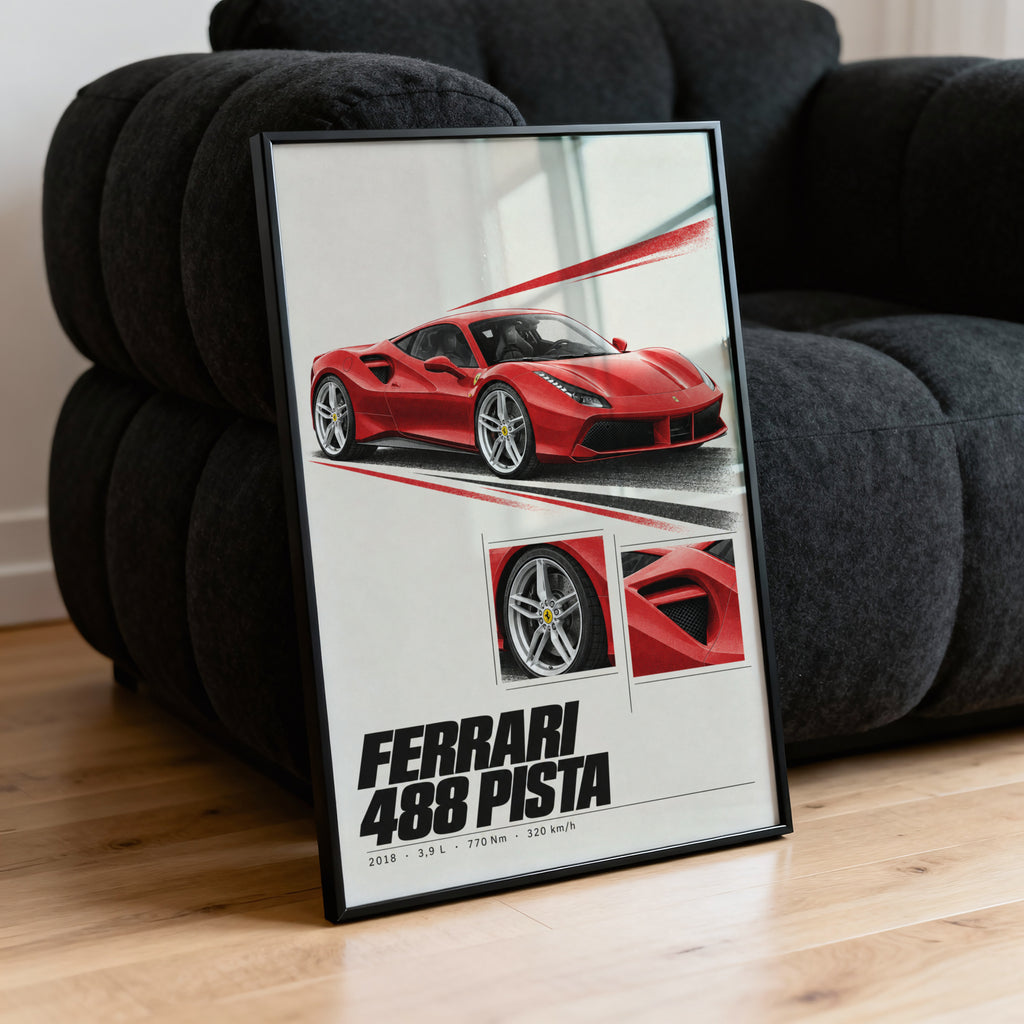 Vintage Ferrari 488 Pista Print, Supercar Wall Art