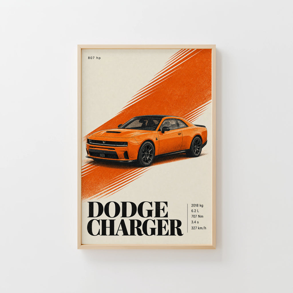 Vintage Dodge Charger Print, Orange Muscle Car