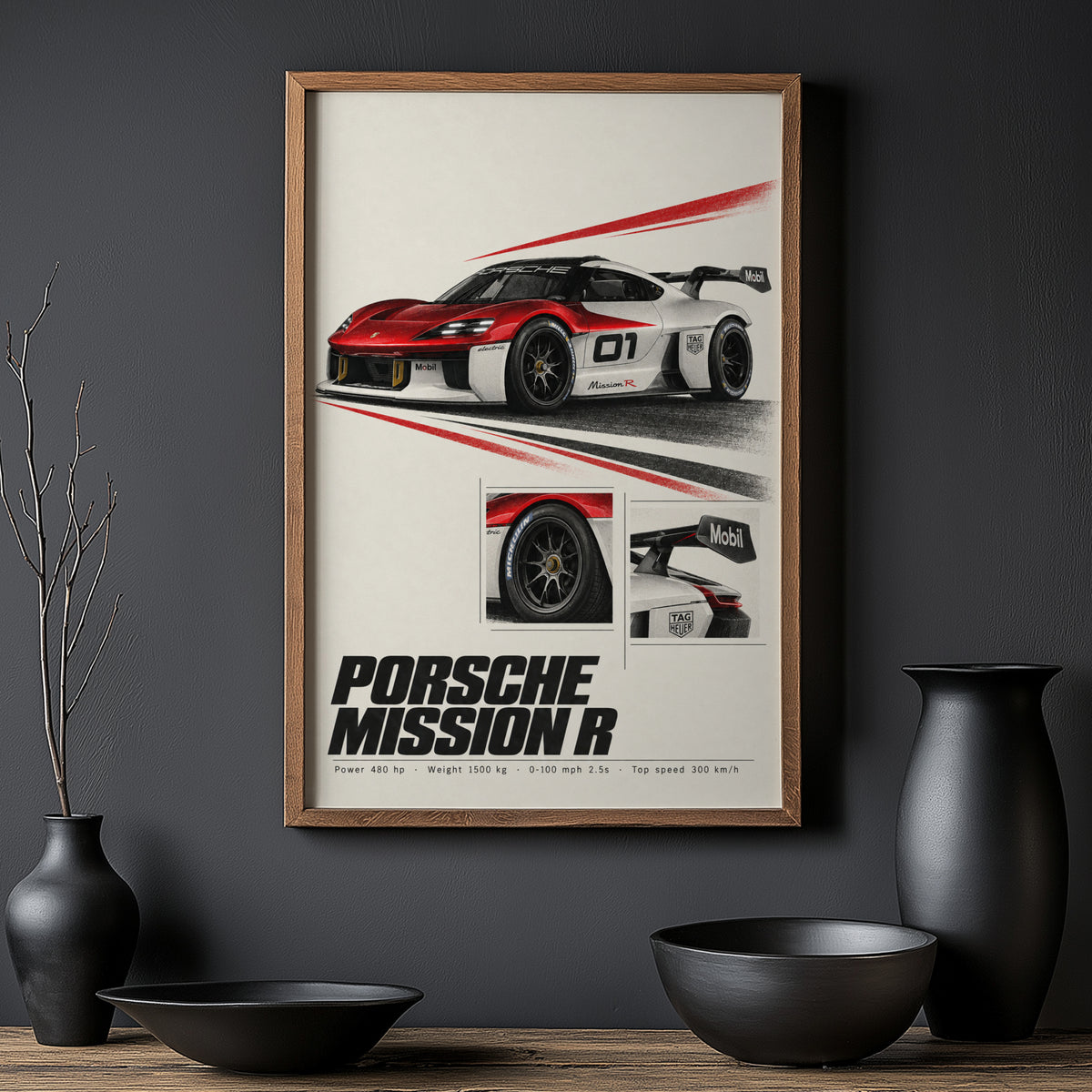 Vintage Porsche Mission R Print, Race Car Wall Art