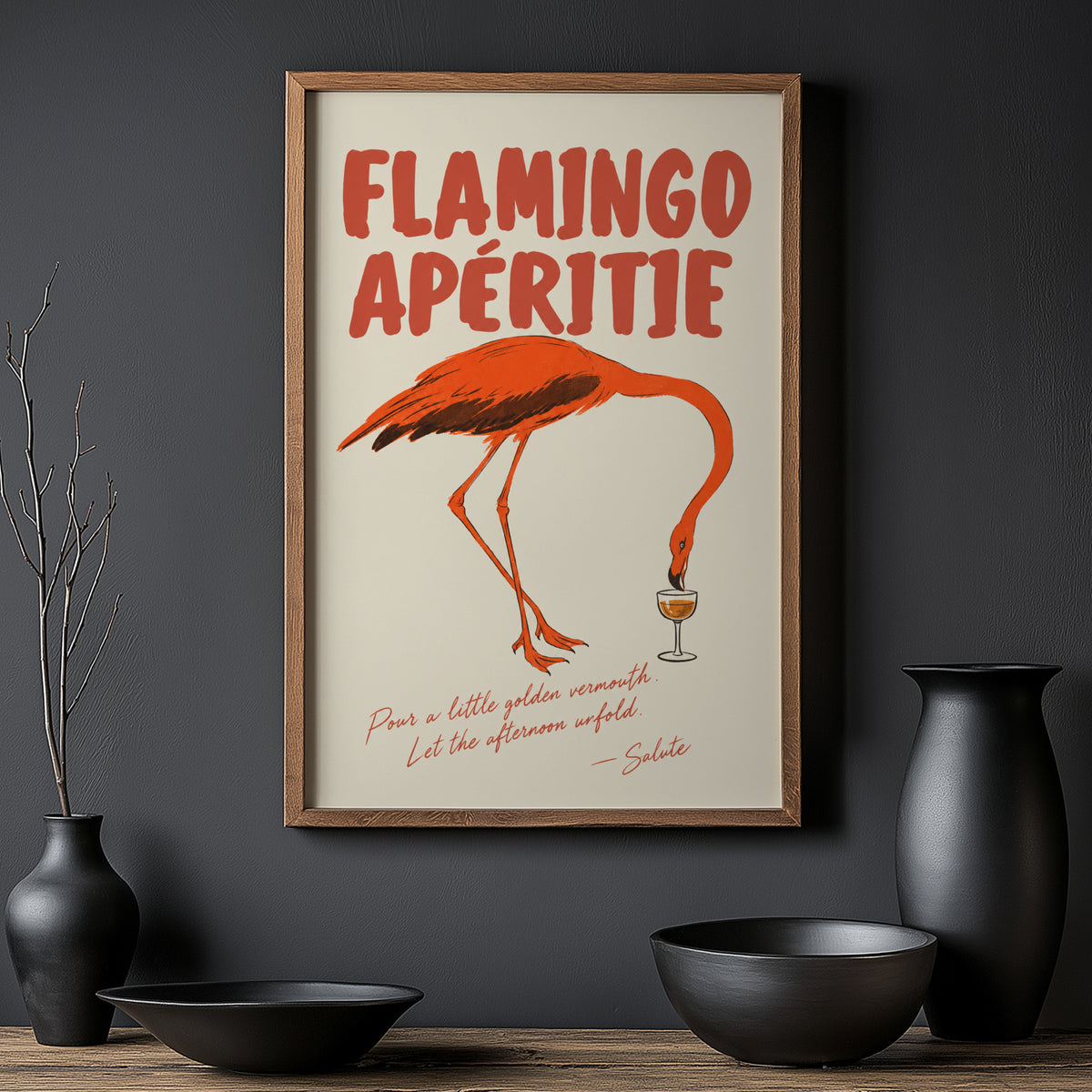 Vintage Flamingo Aperitif Print Poster, Bar Wall Art