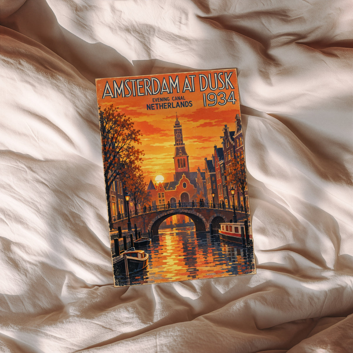 Vintage Amsterdam Poster, Canal Sunset Wall Art, Print
