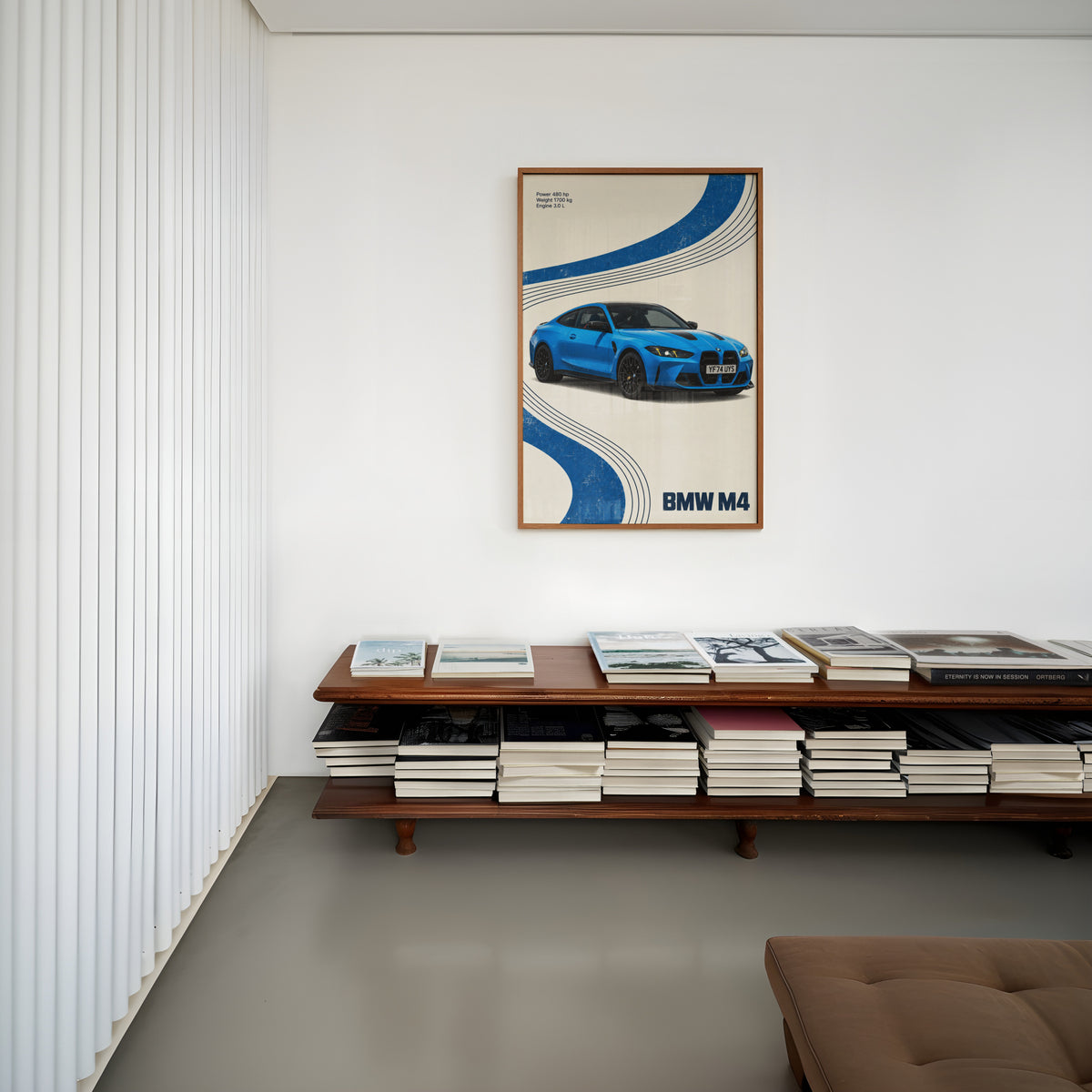 Vintage BMW M4 Print, Blue Retro Car Wall Art