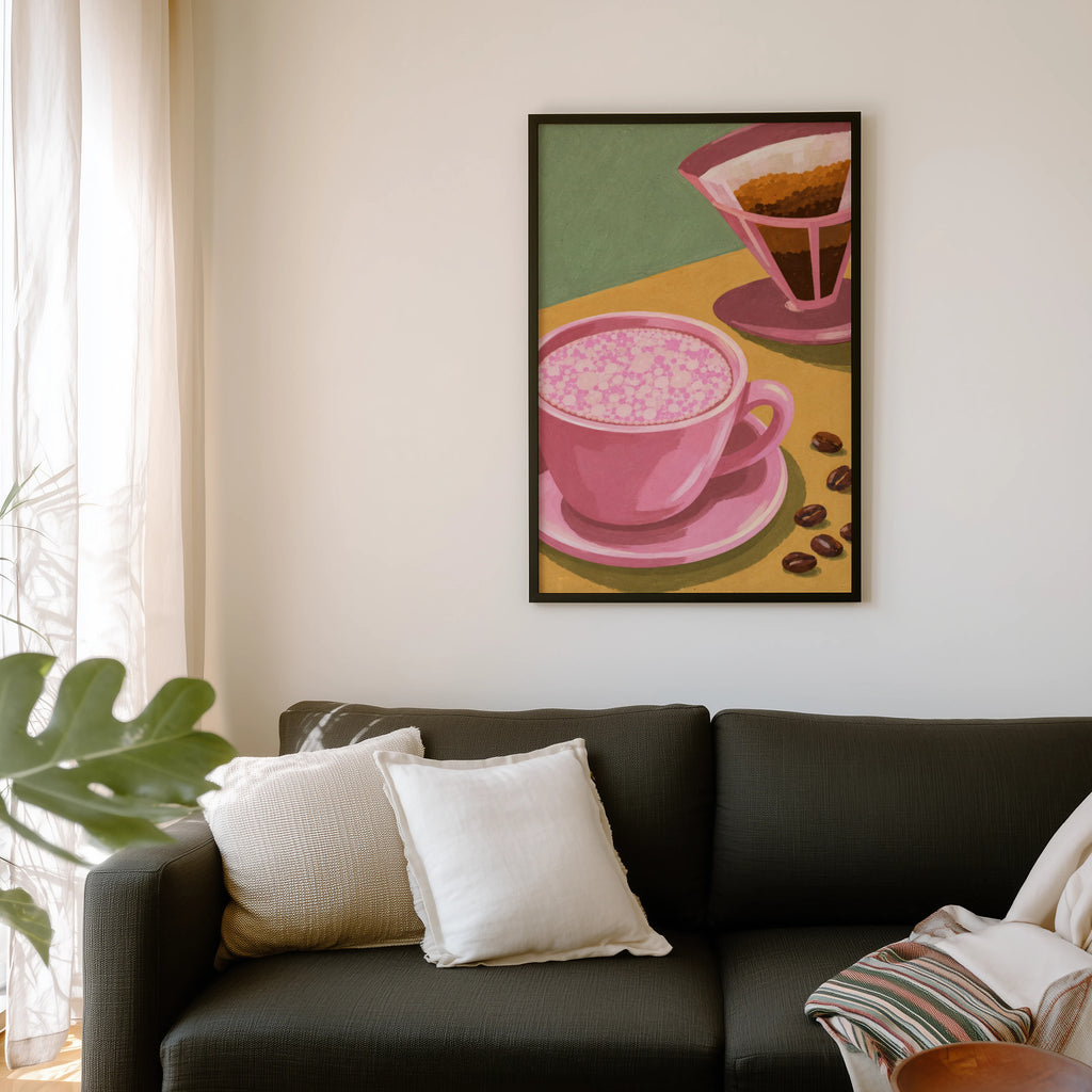 Vintage Coffee Print and Poster, Pink Kitchen Wall Art