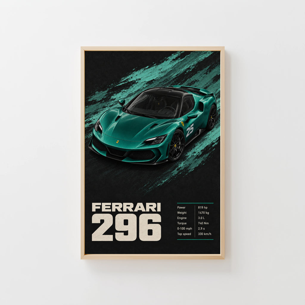 Vintage Ferrari 296 Print, Teal Car Wall Art