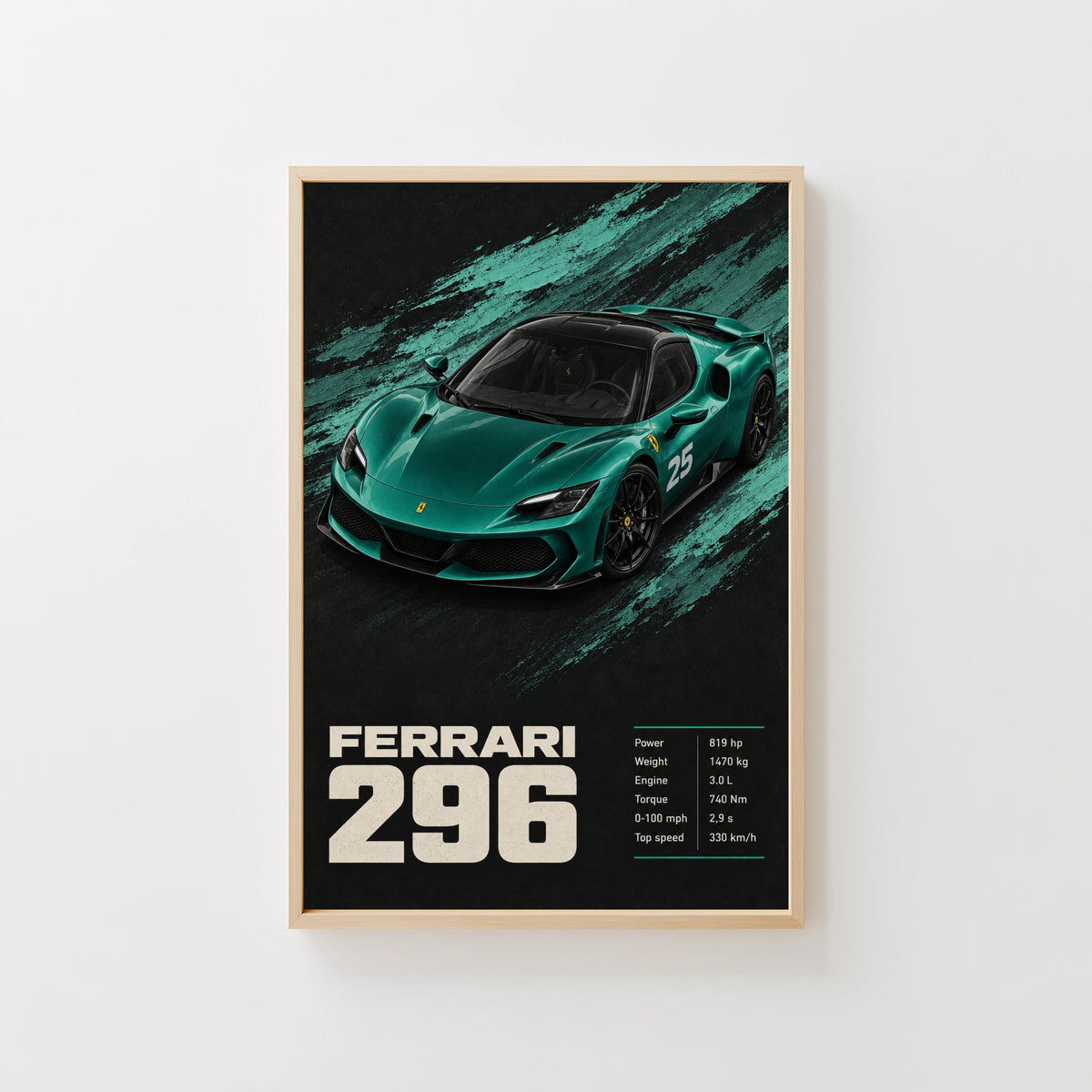 Vintage Ferrari 296 Print, Teal Car Wall Art