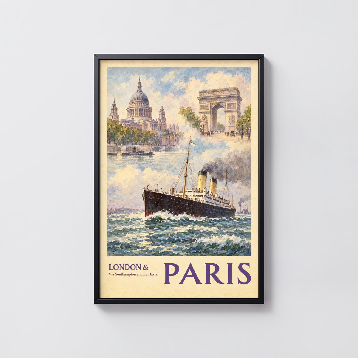Vintage London to Paris Poster, Steamship Travel Print