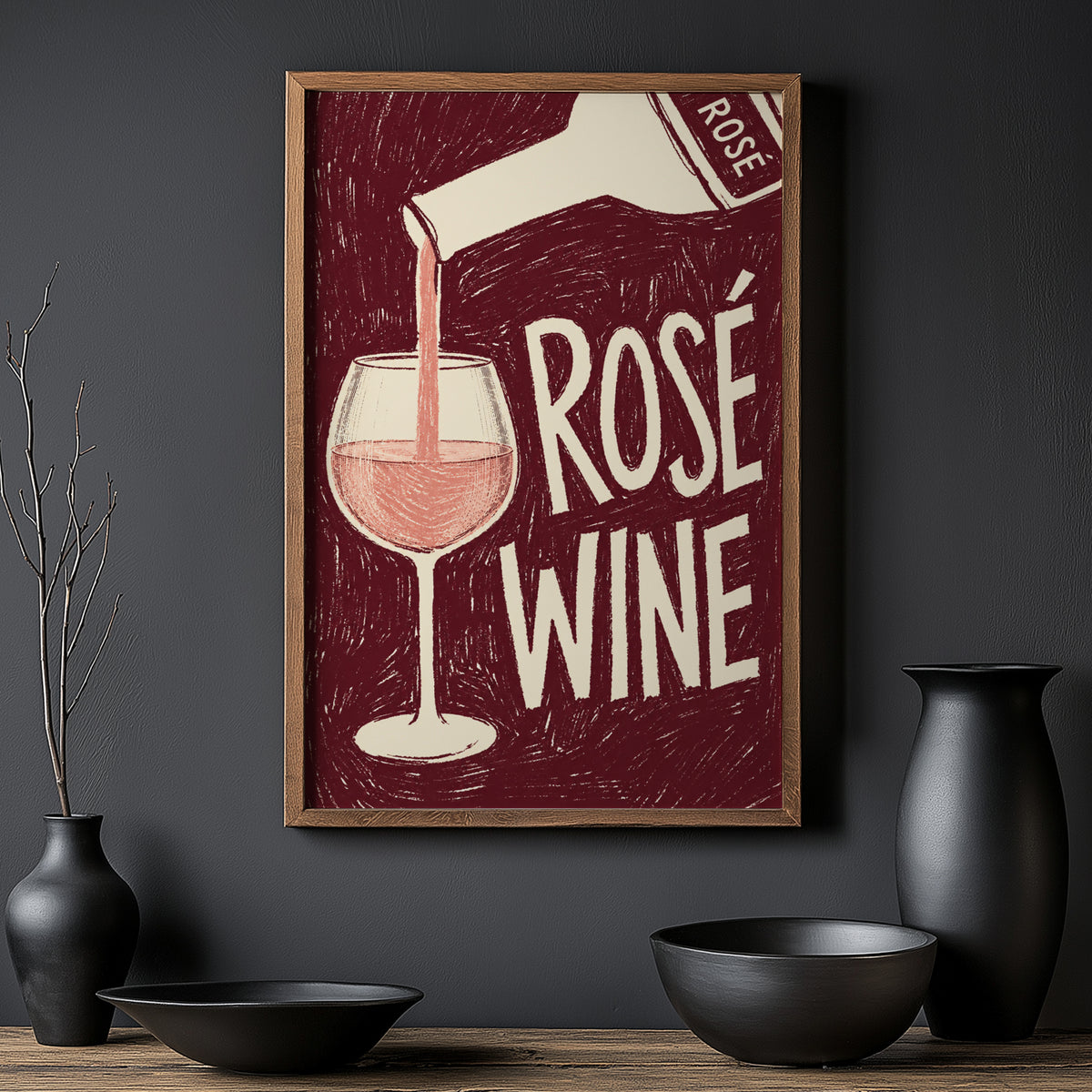 Vintage Rose Wine Print Poster, Wine Wall Art
