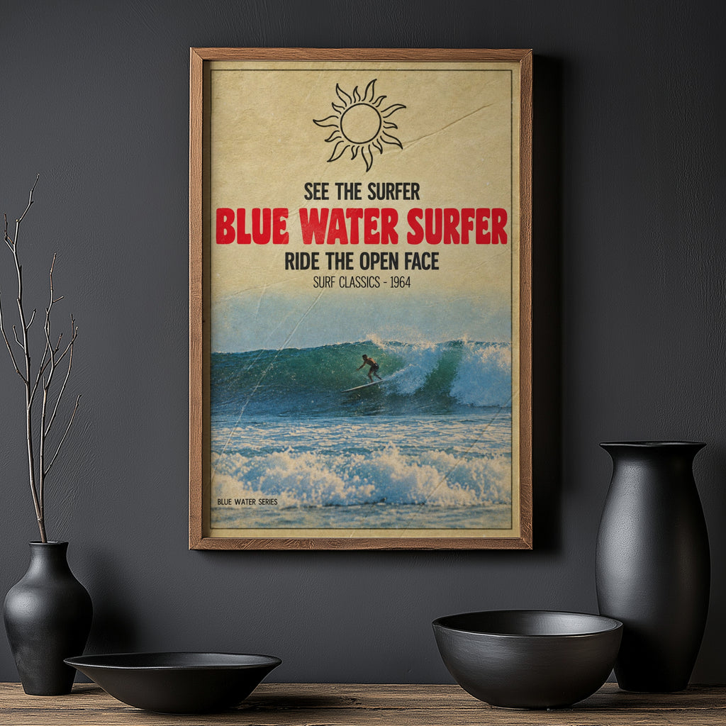 Vintage Blue Water Surfer Print, Surf Poster 1964