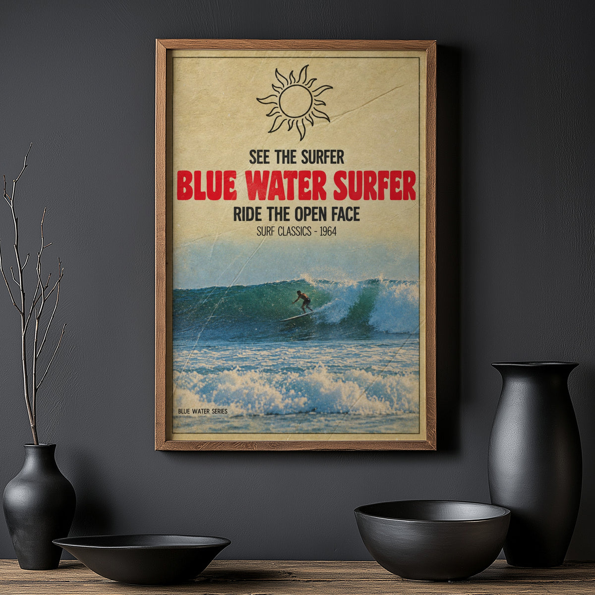Vintage Blue Water Surfer Print, Surf Poster 1964