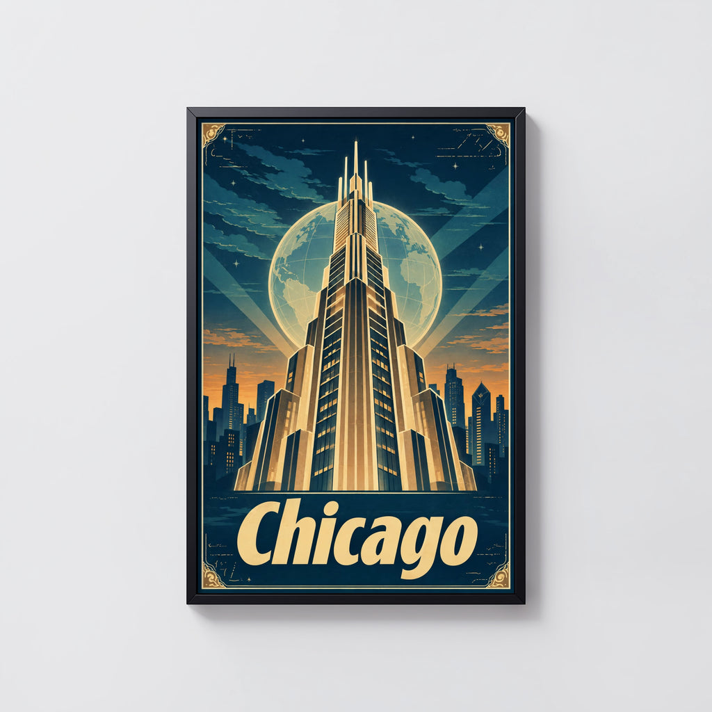 Vintage Chicago Poster, Art Deco Skyline Wall Art Print