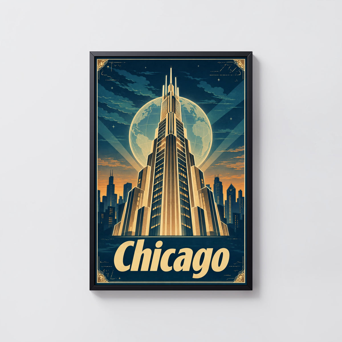 Vintage Chicago Poster, Art Deco Skyline Wall Art Print