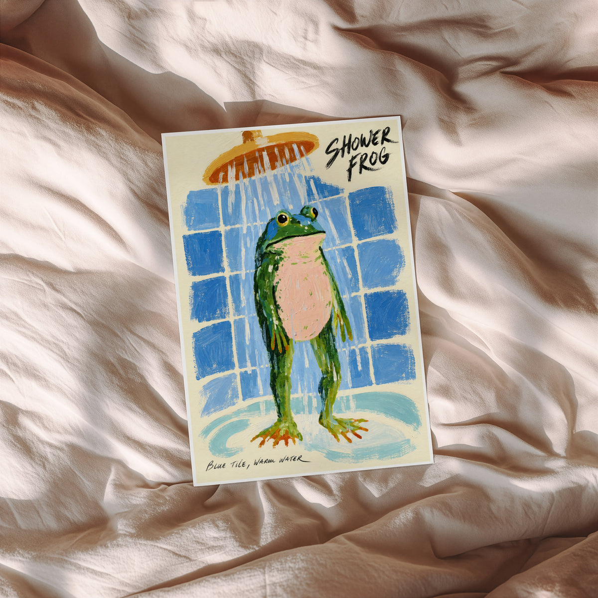Vintage Shower Frog Print Poster, Bathroom Wall Art