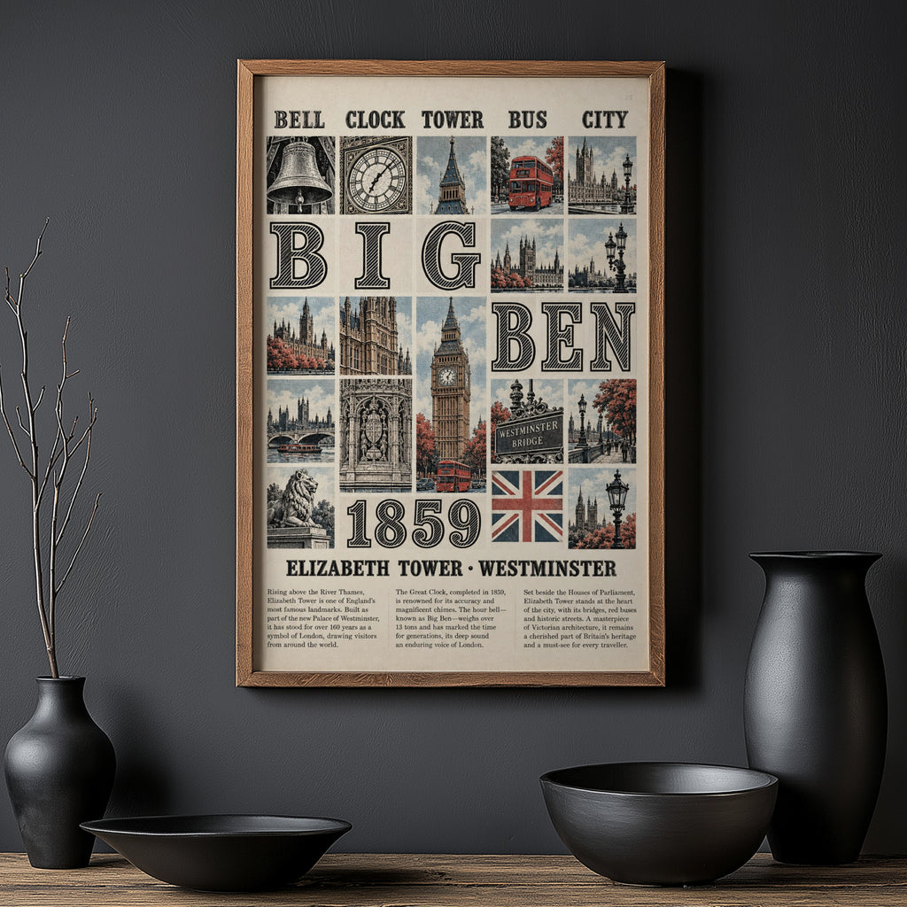 Vintage Big Ben Poster, London Wall Art, Westminster Print