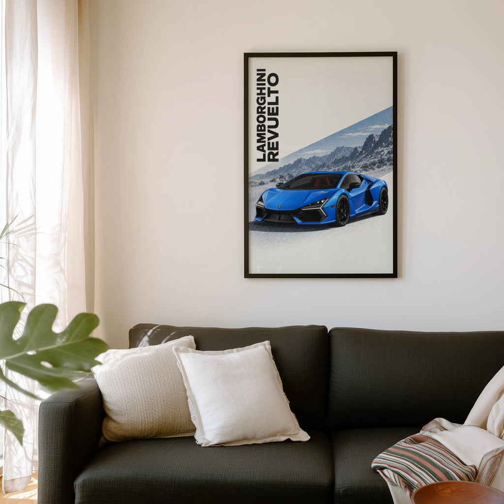 Vintage Lamborghini Revuelto Print, Blue Supercar