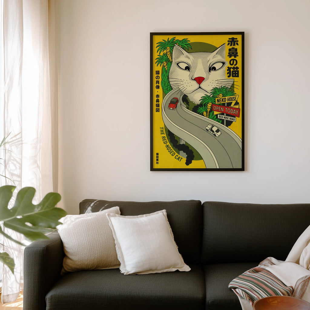 Vintage Red Nosed Cat Print, Japanese Poster Wall Art