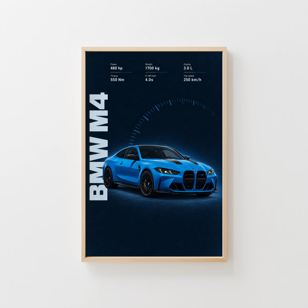 Vintage BMW M4 Car Print, Blue Coupe Wall Art