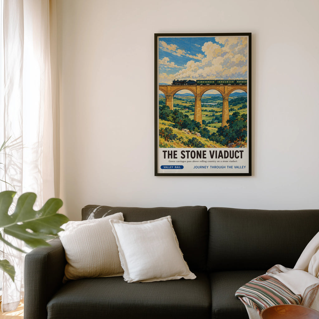 Vintage Steam Train Print Poster, Stone Viaduct Wall Art