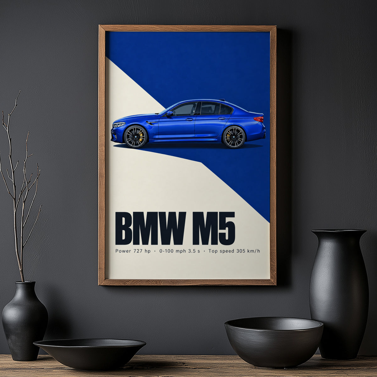 Vintage BMW M5 Print, Car Wall Art, Blue Sedan