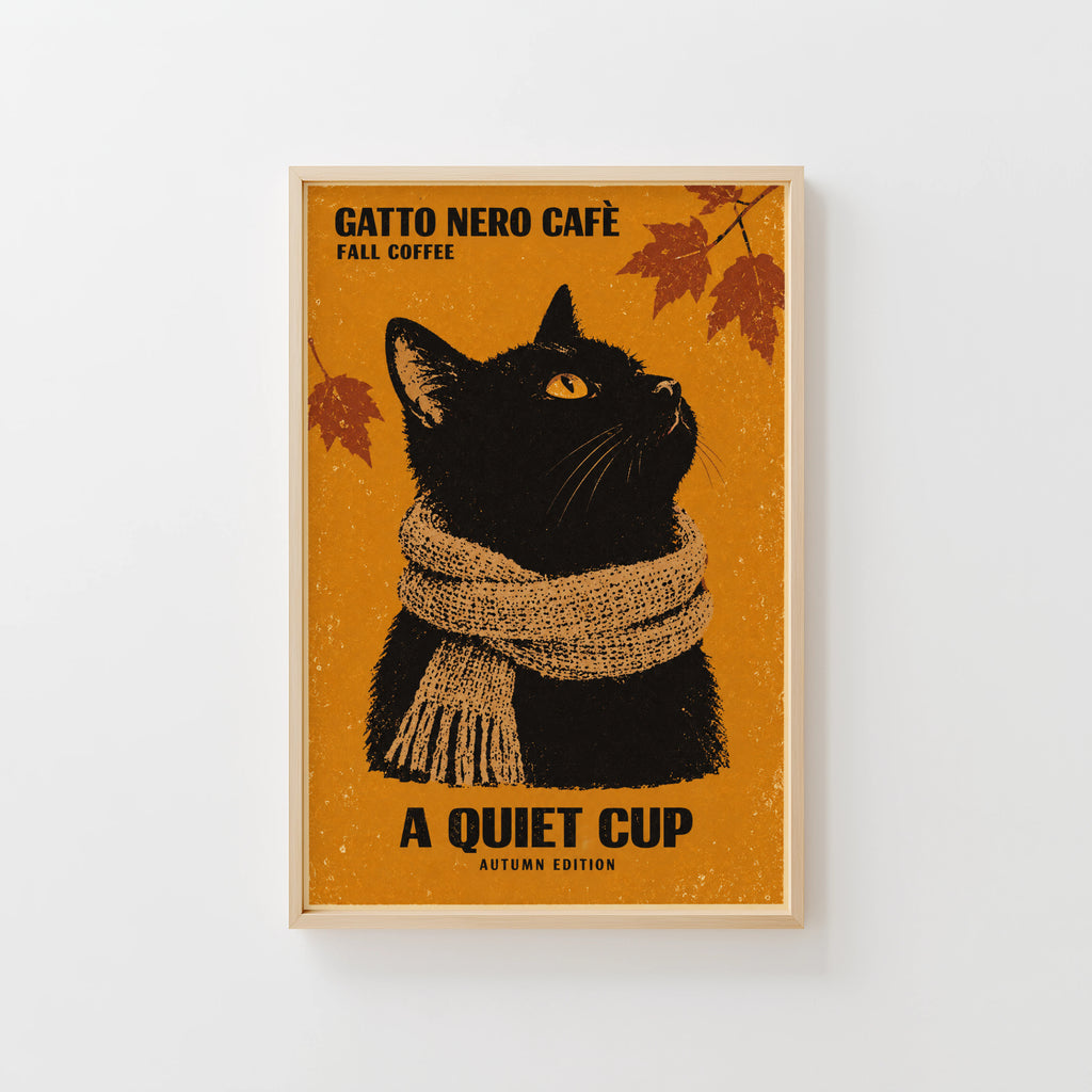 Vintage Black Cat Coffee Print, Autumn Poster
