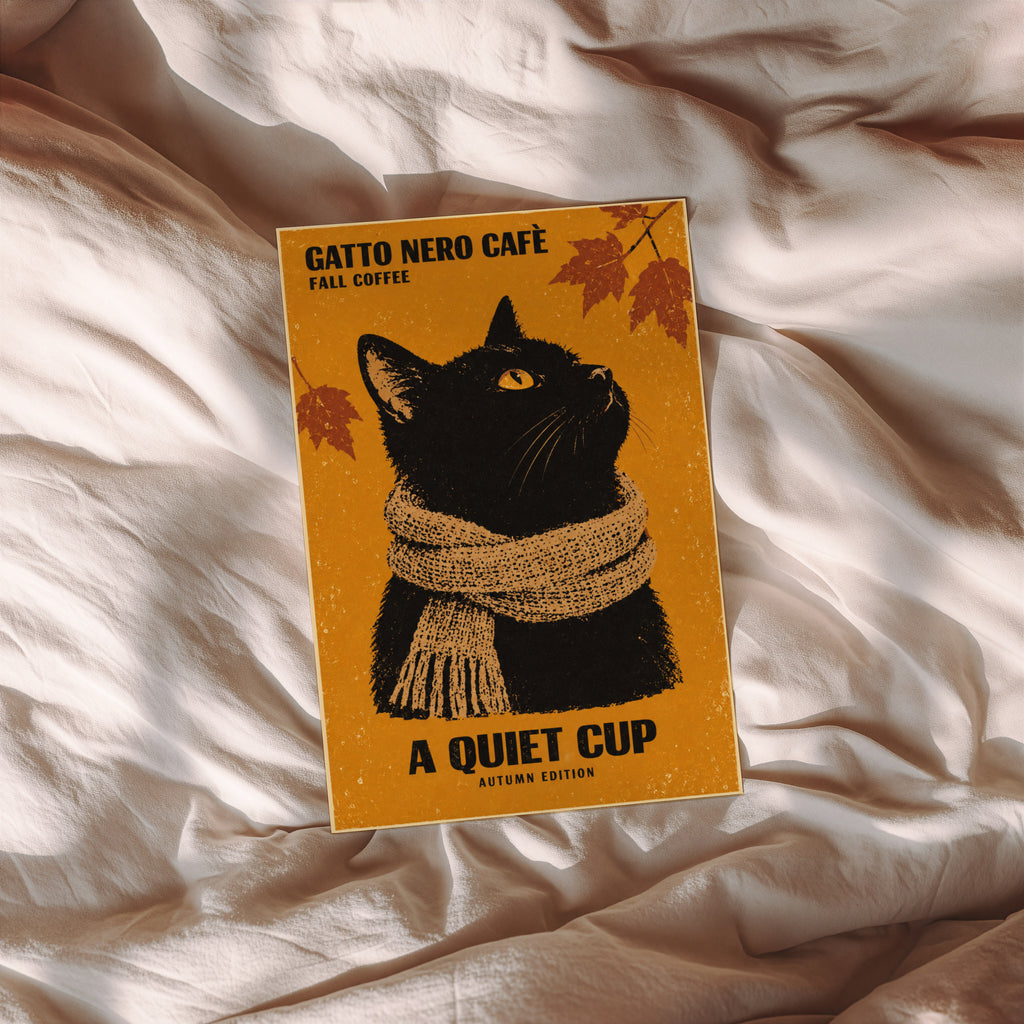 Vintage Black Cat Coffee Print, Autumn Poster