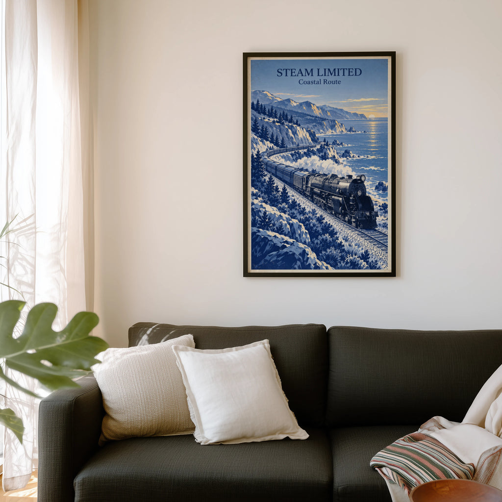 Vintage Steam Train Print Poster, Coastal Wall Art