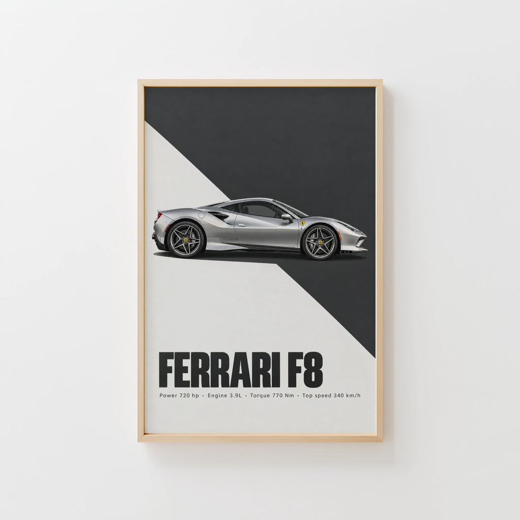 Vintage Ferrari F8 Print, Supercar Wall Art