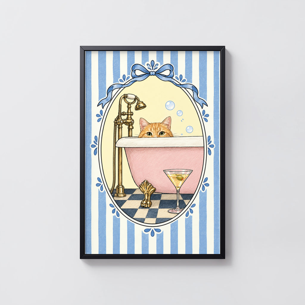 Vintage Cat Bathtub Print and Poster, Bathroom Wall Art