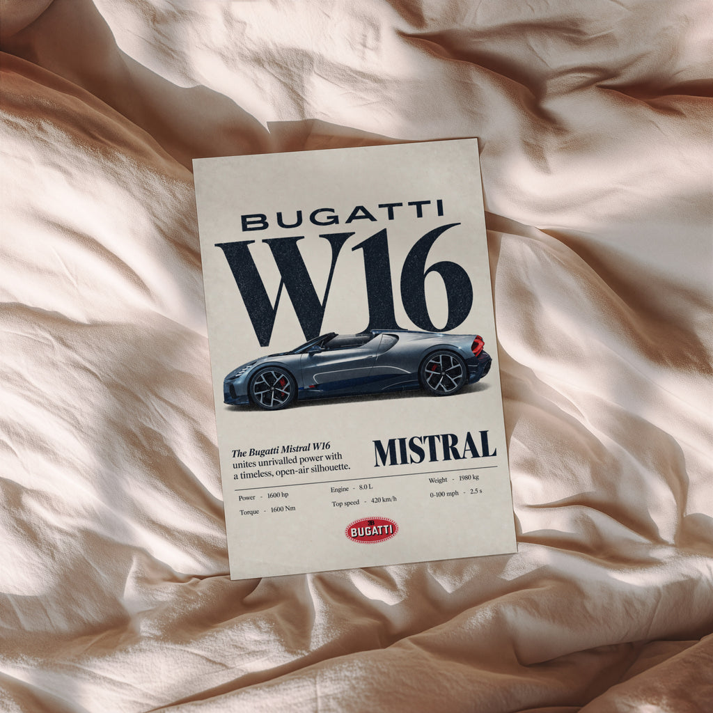 Vintage Bugatti W16 Mistral Print, Car Wall Art