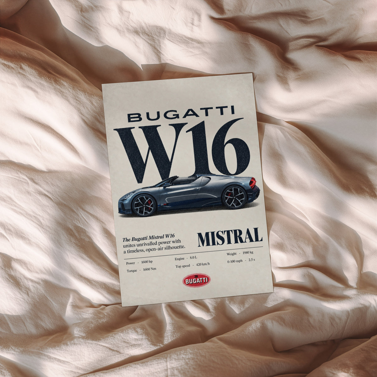 Vintage Bugatti W16 Mistral Print, Car Wall Art