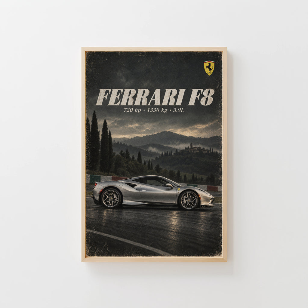 Vintage Ferrari F8 Print, Supercar Wall Art
