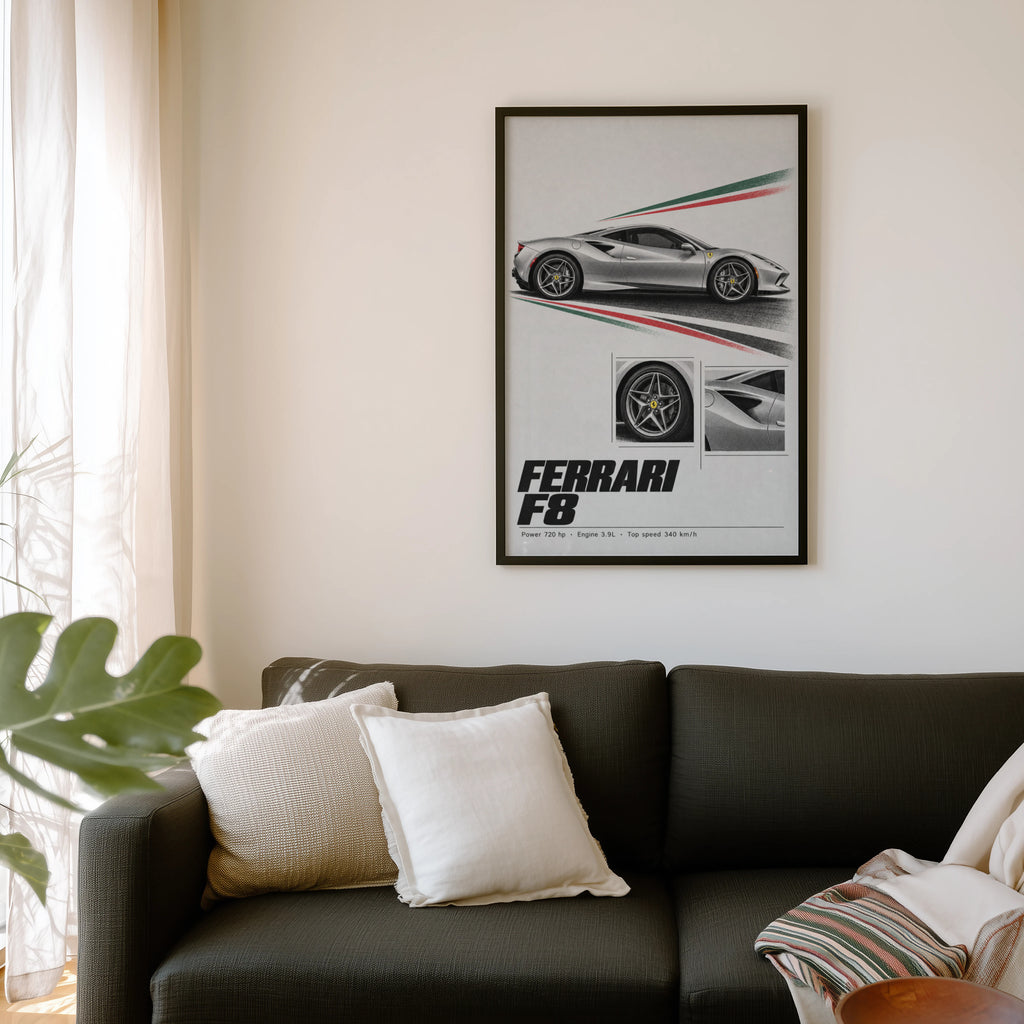 Vintage Ferrari F8 Print, Supercar Wall Art