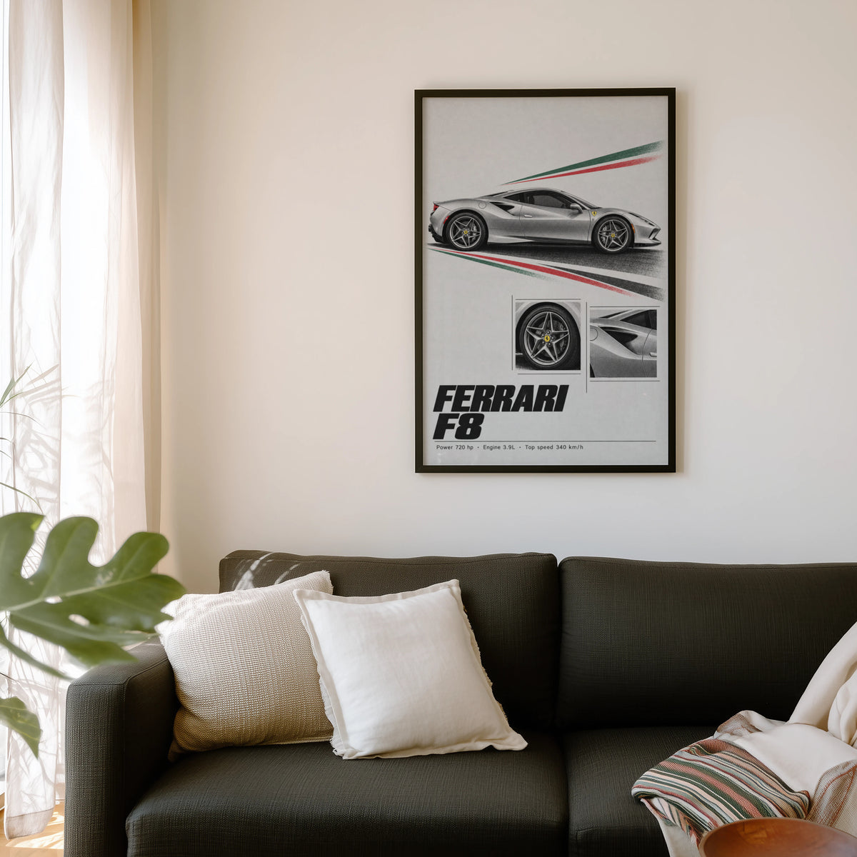 Vintage Ferrari F8 Print, Supercar Wall Art