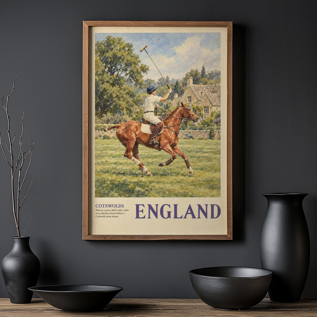 Vintage Cotswolds England Polo Poster, Horse Wall Art, Print