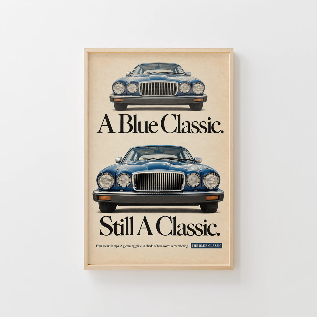 Vintage Blue Classic Car Print, Retro Advert Wall Art