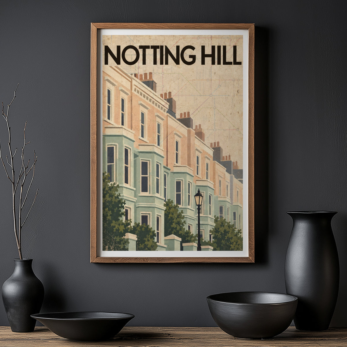 Vintage Notting Hill London Poster, Terraced Houses Print