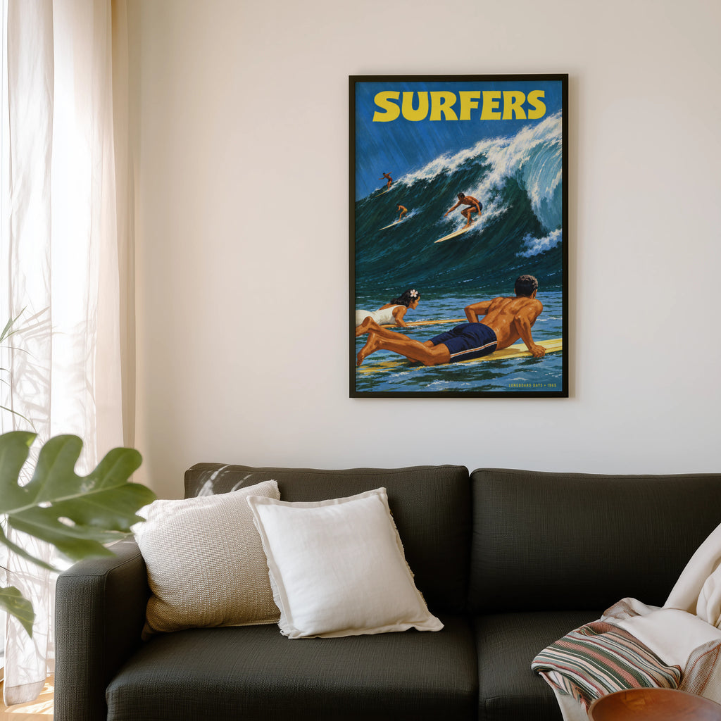 Vintage Surf Print Poster, Longboard Surfers Wave Art