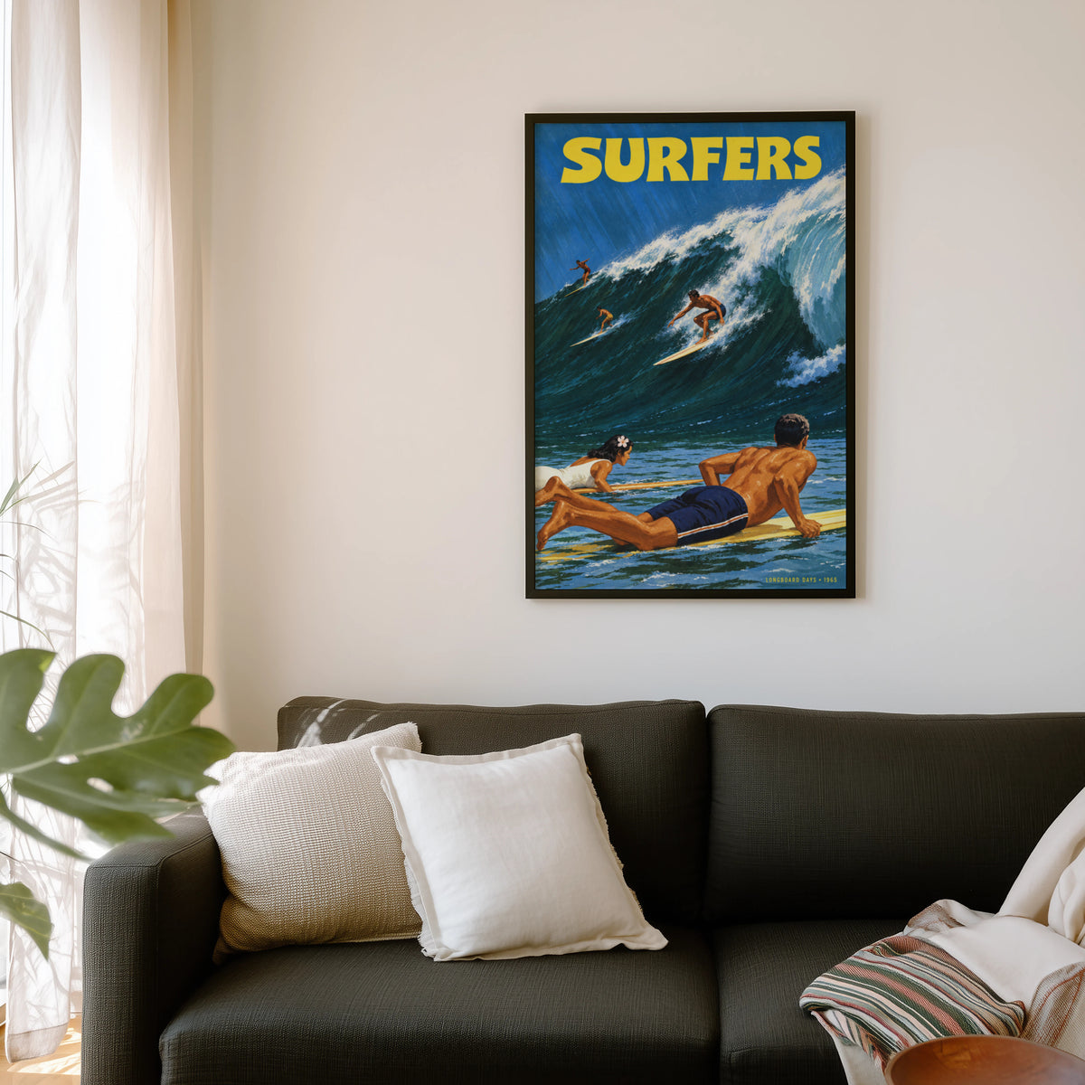 Vintage Surf Print Poster, Longboard Surfers Wave Art