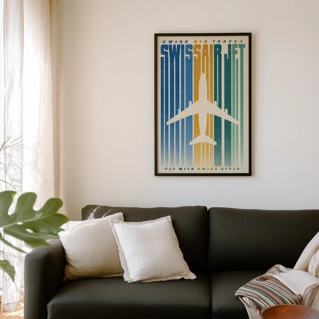 Vintage Swissair Jet Poster, Retro Aviation Wall Art, Print