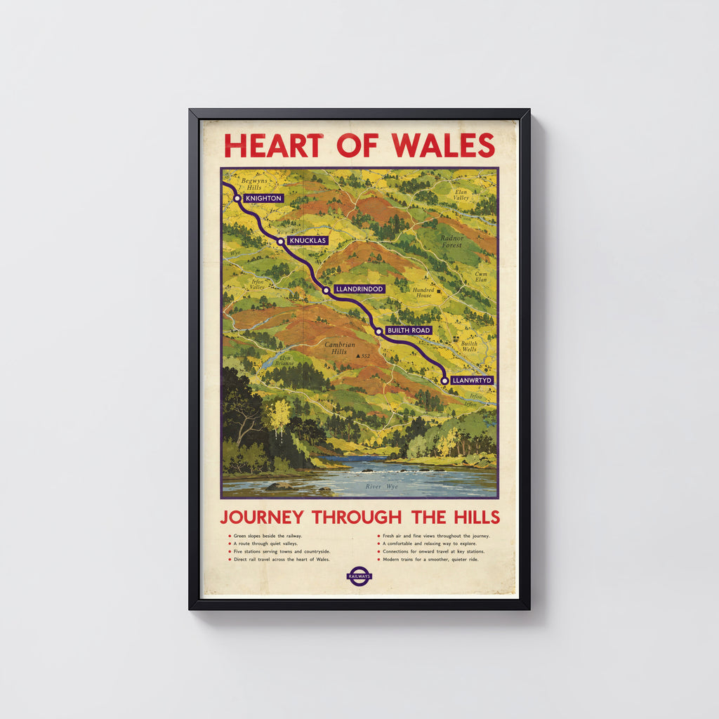 Vintage Heart of Wales Railway Print Poster, Welsh Hills